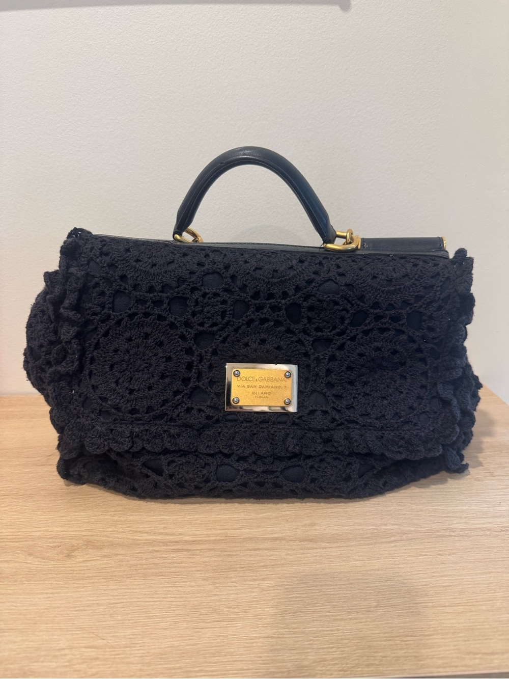 Dolce & Gabbana Black Crochet Top-Handle Satchel with Gold Plaque